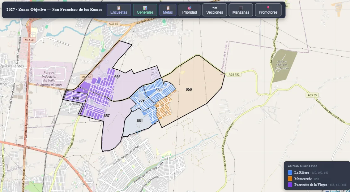 Mapa interactivo de zonas objetivo, secciones y manzanas del sistema de gestión electoral